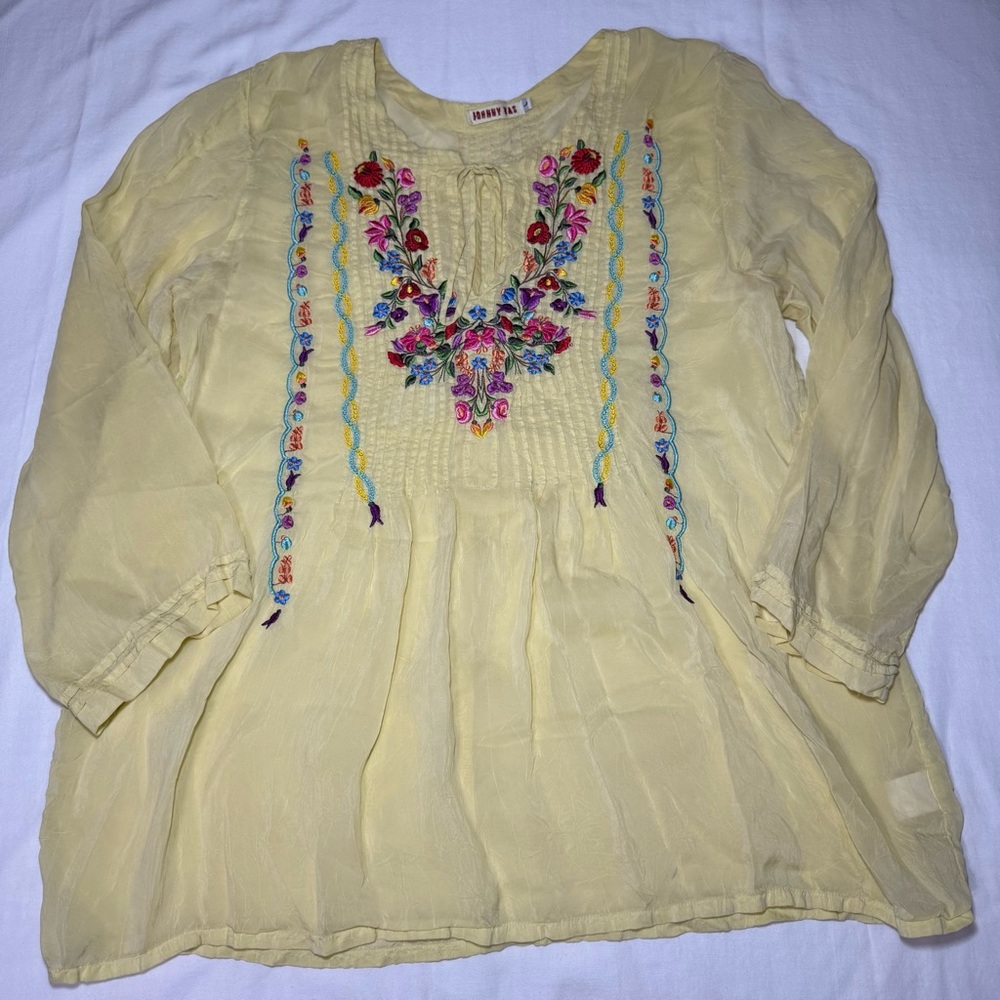 Johnny Was Yellow Embroidered Boho Tunic Cupra Rayon Size Large Festival Peasant - Picture 2 of 9